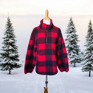 Old Navy Womens Black & Red Buffalo Plaid Fleece Half-Zip Pullover Sweater- Sz L